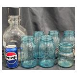 6 Vintage Blue Ball Mason Jars & Glass Milk Jar
