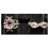 2 Sterling & Amethyst Stone Rings Sz 7.5