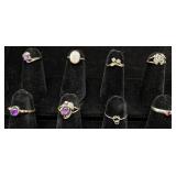8 Sterling Silver Rings - Amethyst, Opal+