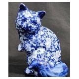 Blue & White Floral Ceramic Cat Figurine