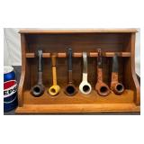 Decatur Walnut Pipe Rack w 6 Tobacco Pipes