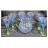Blue & Green Crackle Glass Pitcher & 6 Glasses