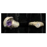 2 Sterling Silver Rings - Amethyst & CZ Stones