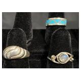 3 Sterling Silver Rings - Turquoise, Moonstone