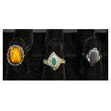3 Sterling Silver Rings w Various Gemstones