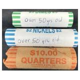 3 Coin Rolls 50+ Yrs Old- Dimes, Nickels, Quarters