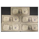 5 U.S. $1 Silver Certificate Notes w Blue Seals
