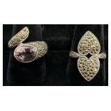 2 Sterling Silver Rings - Amethyst & Marcasite