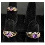 3 Sterling Silver Rings Sz 6.5 - Amethyst +