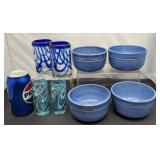 Signed Blue Stoneware Bowls & Glass Tumblers