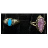2 SW Sterling Rings w Turquoise & Amethyst Signed
