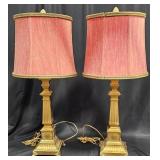 Pair Brass Corinthian Table Lamps w Shades