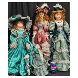 3 Collectible Porcelain Dolls w Victorian Attire