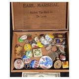 Vintage Cigar Box of Pins, Badges & Trinkets