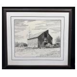 Framed Drawing w Barn Scene by B. Lundquist