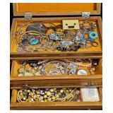 Wooden Jewelry Box w Assorted Fashion Jewelry
