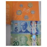 2015 Canadian Coin Set & $20 & $5 Banknotes