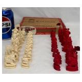 Vintage Carved Bone Chess Pieces w Cigar Box