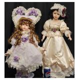 2 Porcelain Dolls w Lace & Floral Details
