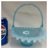 Vintage Fenton Blue Glass Ruffled Edge Basket