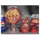 3 Vintage Cranberry Ruffled Edge Glass Vases