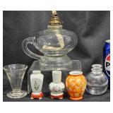 Antique Miller Glass Oil Lamp, Mini Vases +