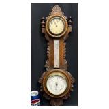 Antique Wooden Clock w Barometer & Thermometer