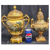 2 Ornate Lidded Satsuma Pottery Temple Urns