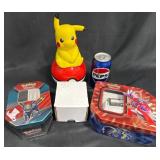 Pokemon Tins w Cards, Pikachu Coin Bank +