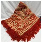 Antique Wool Woven Coverlet Blanket w Fringe