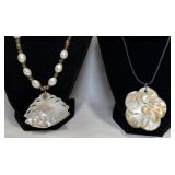 2 Mother-of-Pearl Necklaces w Floral Design