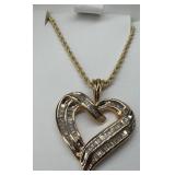 14KT Gold Heart Pendant w Chain & Diamonds