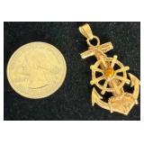 14KT Gold Anchor w Ship Wheel & Gemstone Pendant