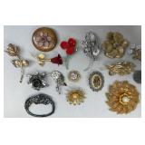 Vintage Floral Brooches & Pins w Enamel, Signed +