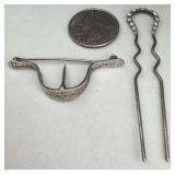 Sterling Silver Tussy-Mussy Pin & French Hairpin