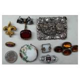 8 Antique Brooch Pins w Watch Fob Pins, Coro +