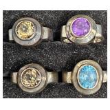 4 Sterling Silver Rings - Amethyst, Blue Topaz+