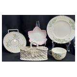 5 Belleek Porcelain Pieces - Basket & Dishes +
