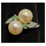 10KT Ring w Pearls & Green Gemstones Sz 6