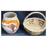 Handcrafted Pottery Vase & Woven Basket