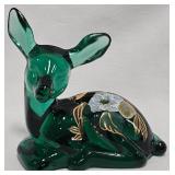Fenton Hand-Painted Green Glass Fawn Figurine