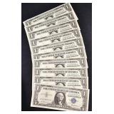 10 Sequence Crisp $1 Silver Certificates 1957