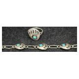 Silver Bear Paw Bracelet & Ring Set w Turquoise