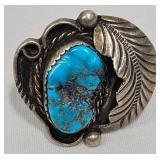 Silver Ring w Turquoise Stone & Feather Motif Sz 9
