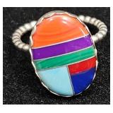Silver Ring w Multicolor Inlay Design Sz 8