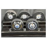 5 Signed Oilers Hockey Pucks w Display Stand