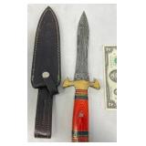 Damascus Steel Dagger w Red Handle & Sheath