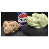2 Figural Slag Glass Dog Head Toothpick Holders
