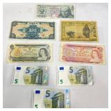 Foreign Paper Currency - France, Euros, Canada