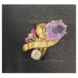 18KT Gold Amethyst, Diamond & Ruby Ring Sz 6.5